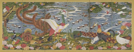樹花鳥獣図屏風　左隻