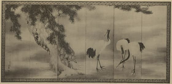 松鶴梅狗子図屏風 六五