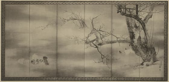 松鶴梅狗子図屏風 六四