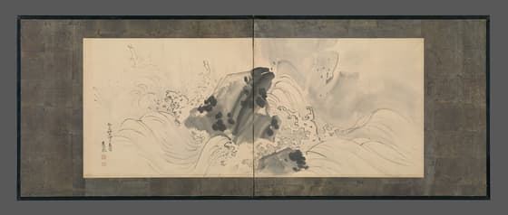 岩に波図屏風