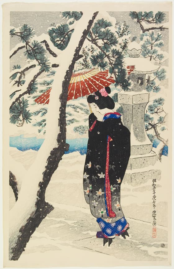 現代美人集　社頭の雪