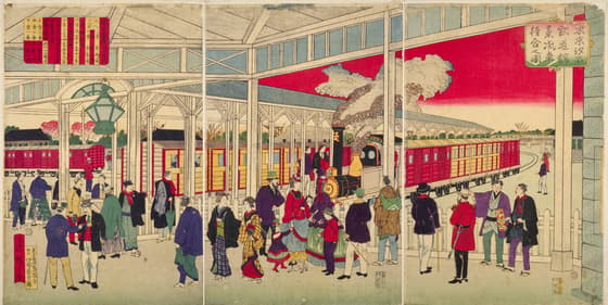 東京汐留鉄道舘蒸汽車待合之図