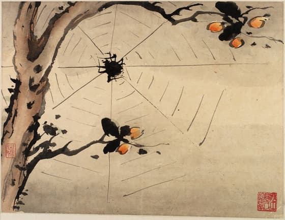 指頭画冊のうち 蜘蛛の巣と柿