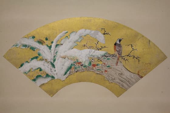 雪中芭蕉小禽図扇面