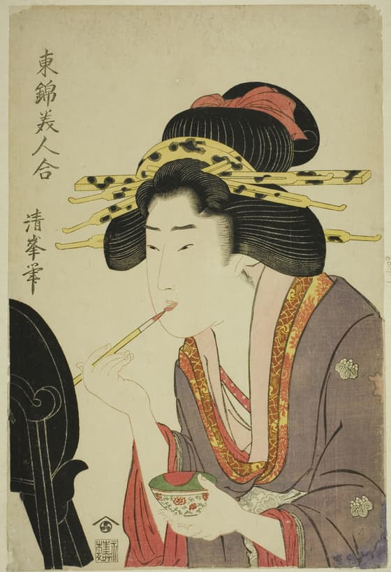 Beauty applying rouge, from the series "Comaprison of Beauties in Eastern Brocade (Azuma nishiki bijin awase)"