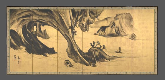 山水唐人物図屏風